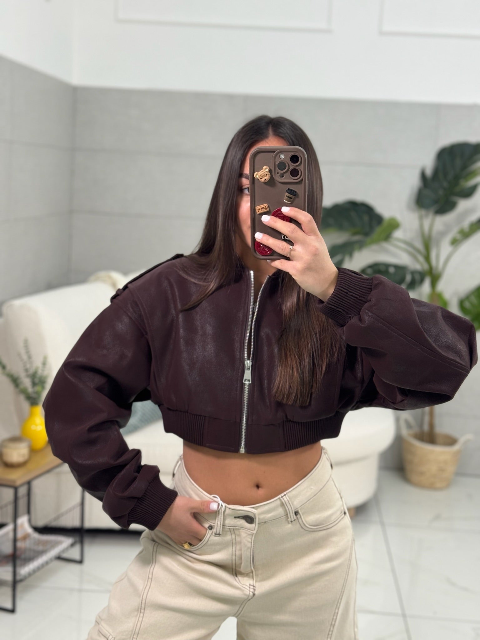 Bomber Crop Brown