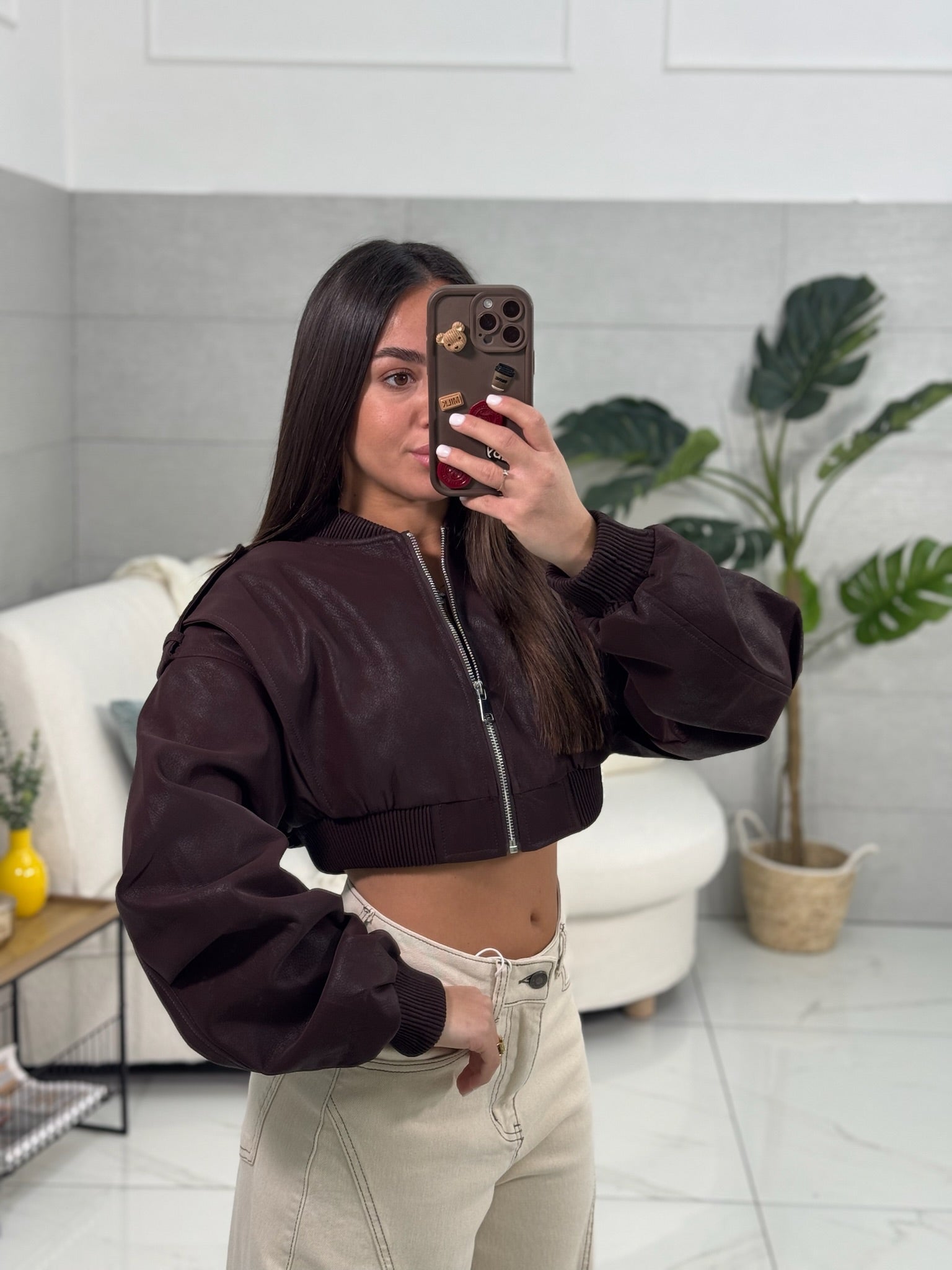 Bomber Crop Brown